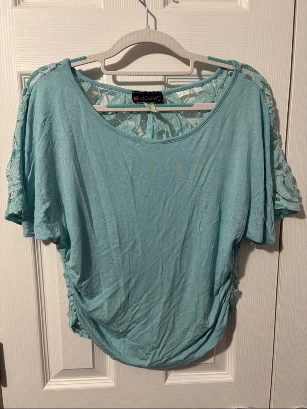 Body Central Aqua Lace-Back Short Sleeve Scoop Top with Sheer Lace Details